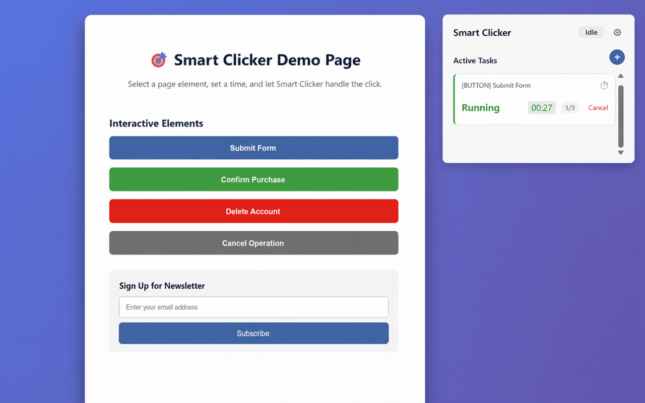 Smart Clicker popup showing a running countdown task beside the selected webpage button