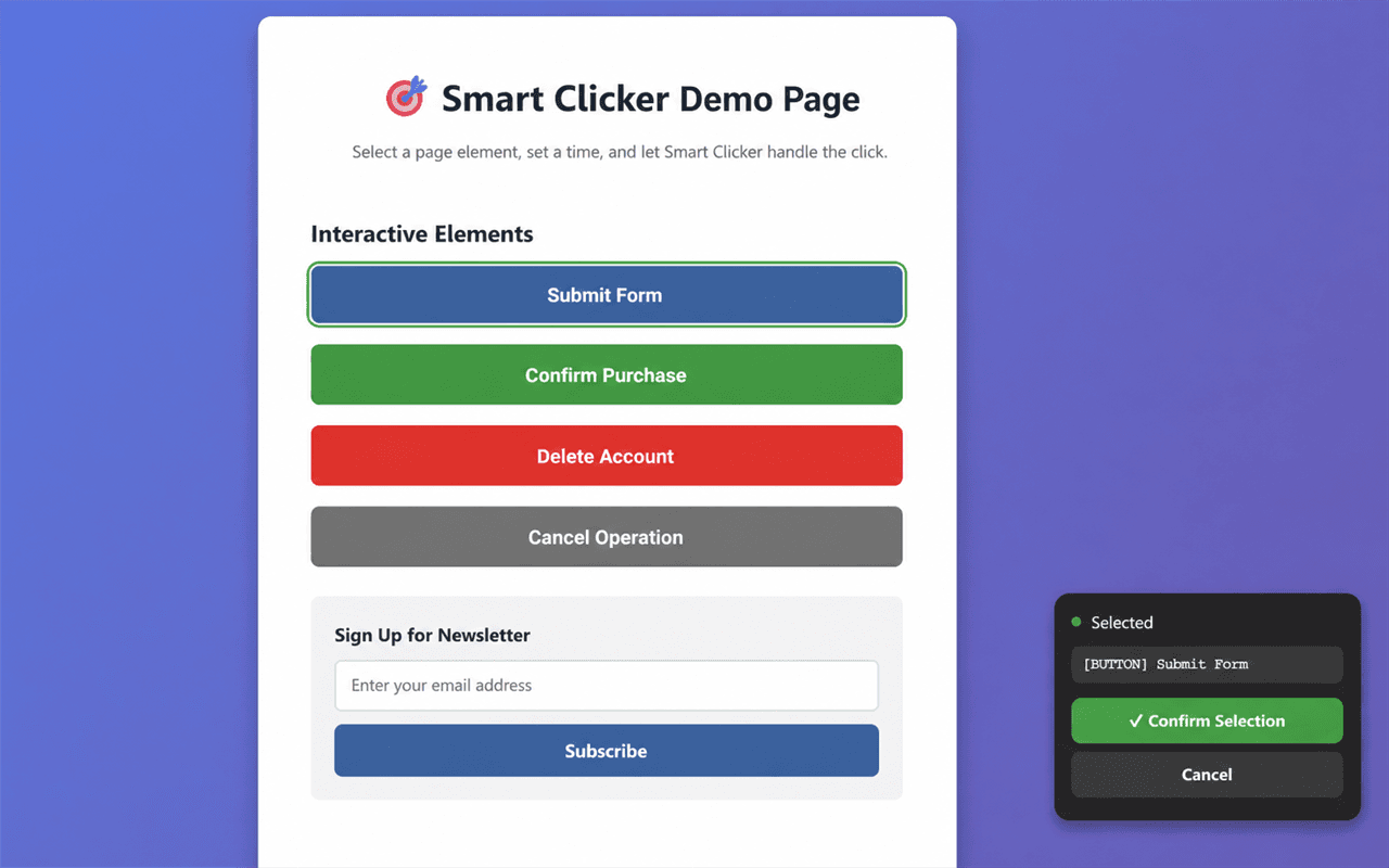 A Submit Form button highlighted for visual selection with a Smart Clicker confirmation panel