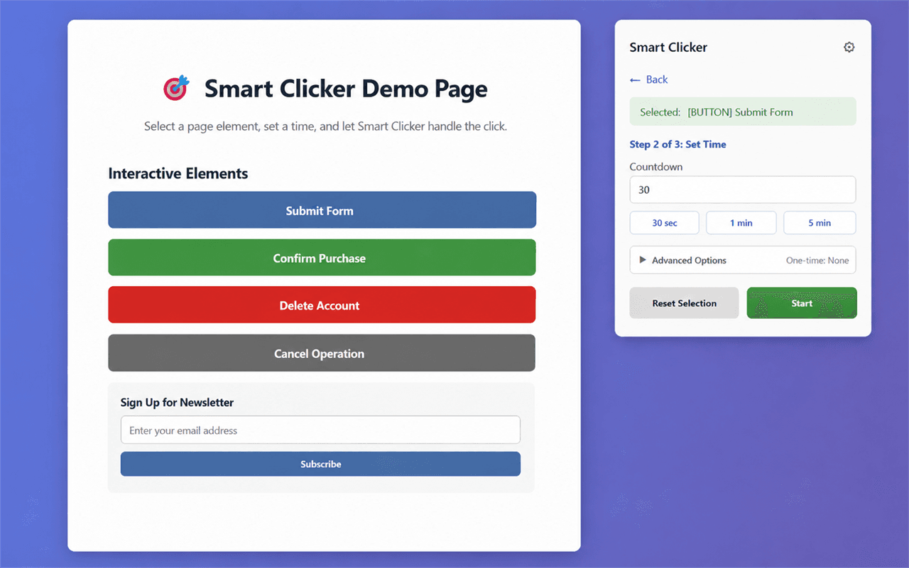 Smart Clicker timer setup showing the selected button, countdown input, presets, and Start action