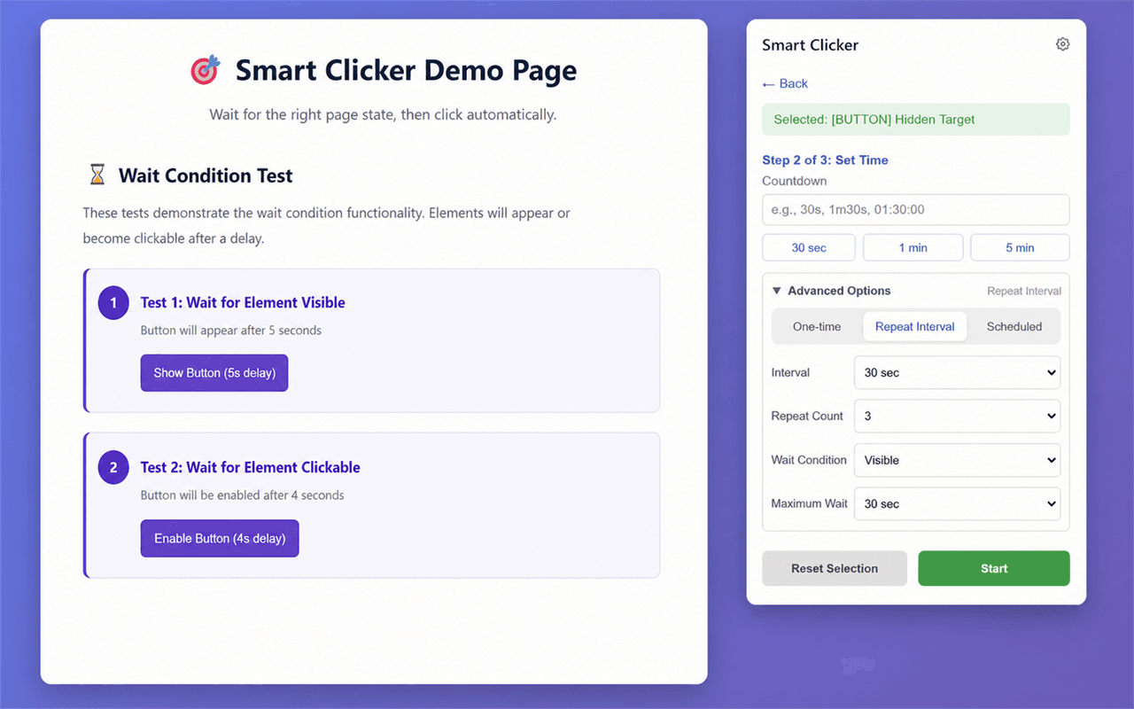 Smart Clicker Advanced Options showing repeat interval and visible-element wait condition settings