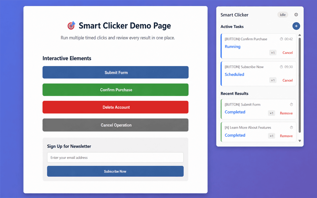 Smart Clicker task list showing running, scheduled, and completed webpage clicking tasks